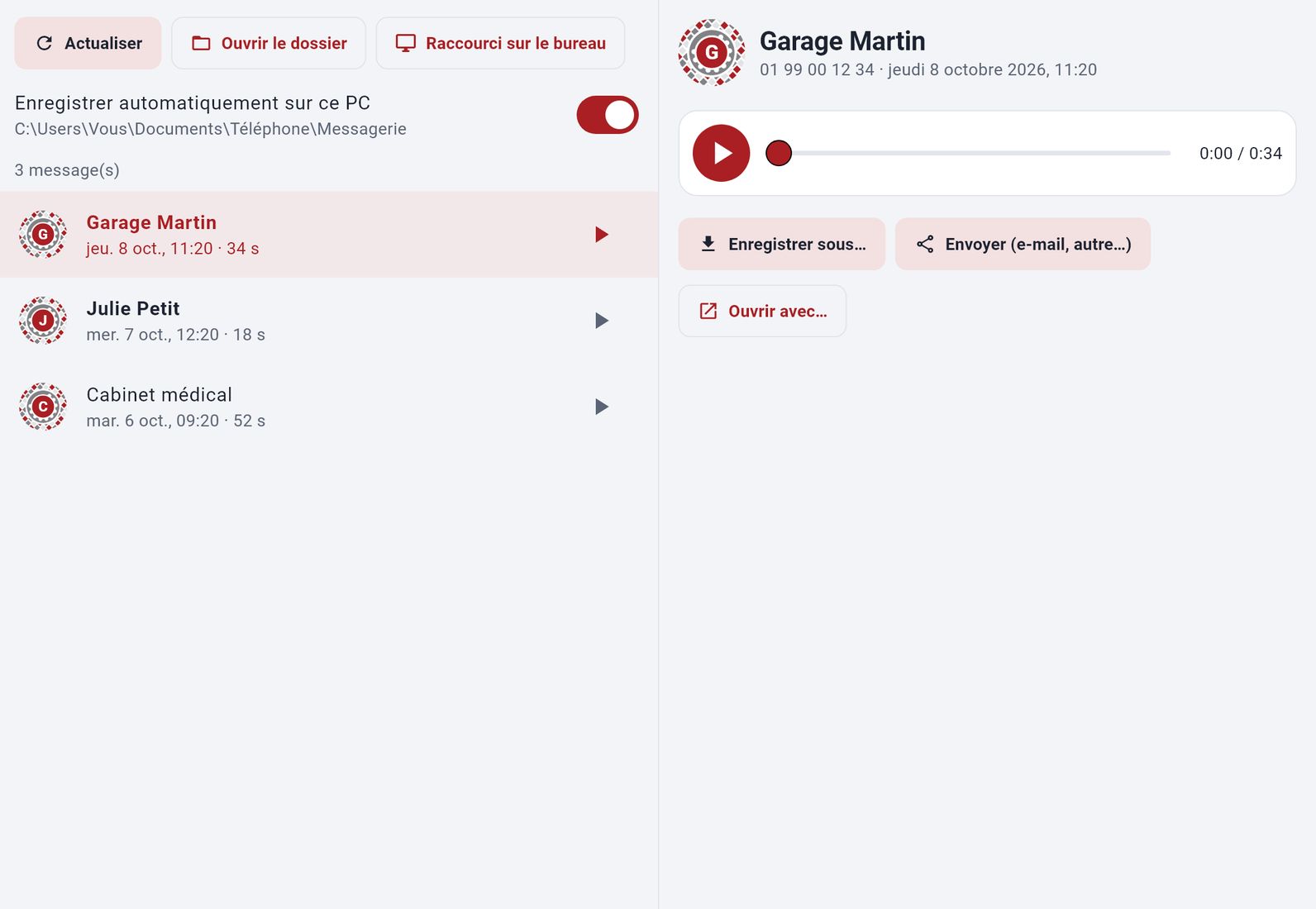 La messagerie vocale en liste — capture de l’application