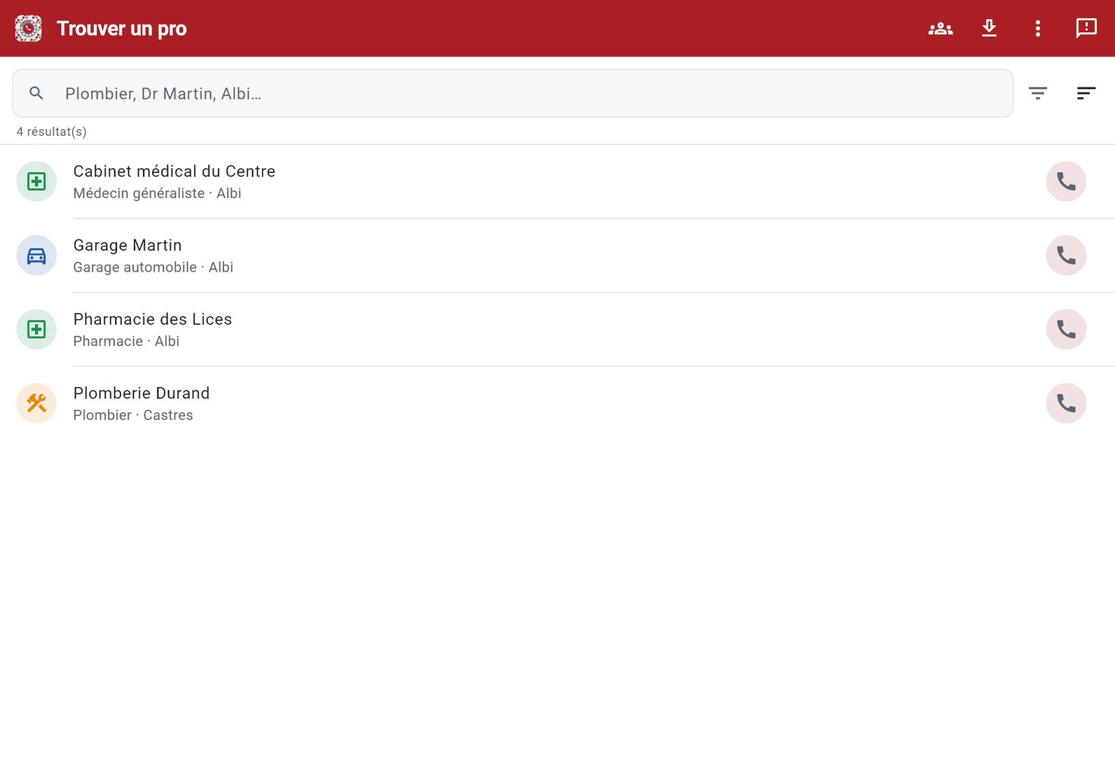 Trouver un pro — capture de l’application