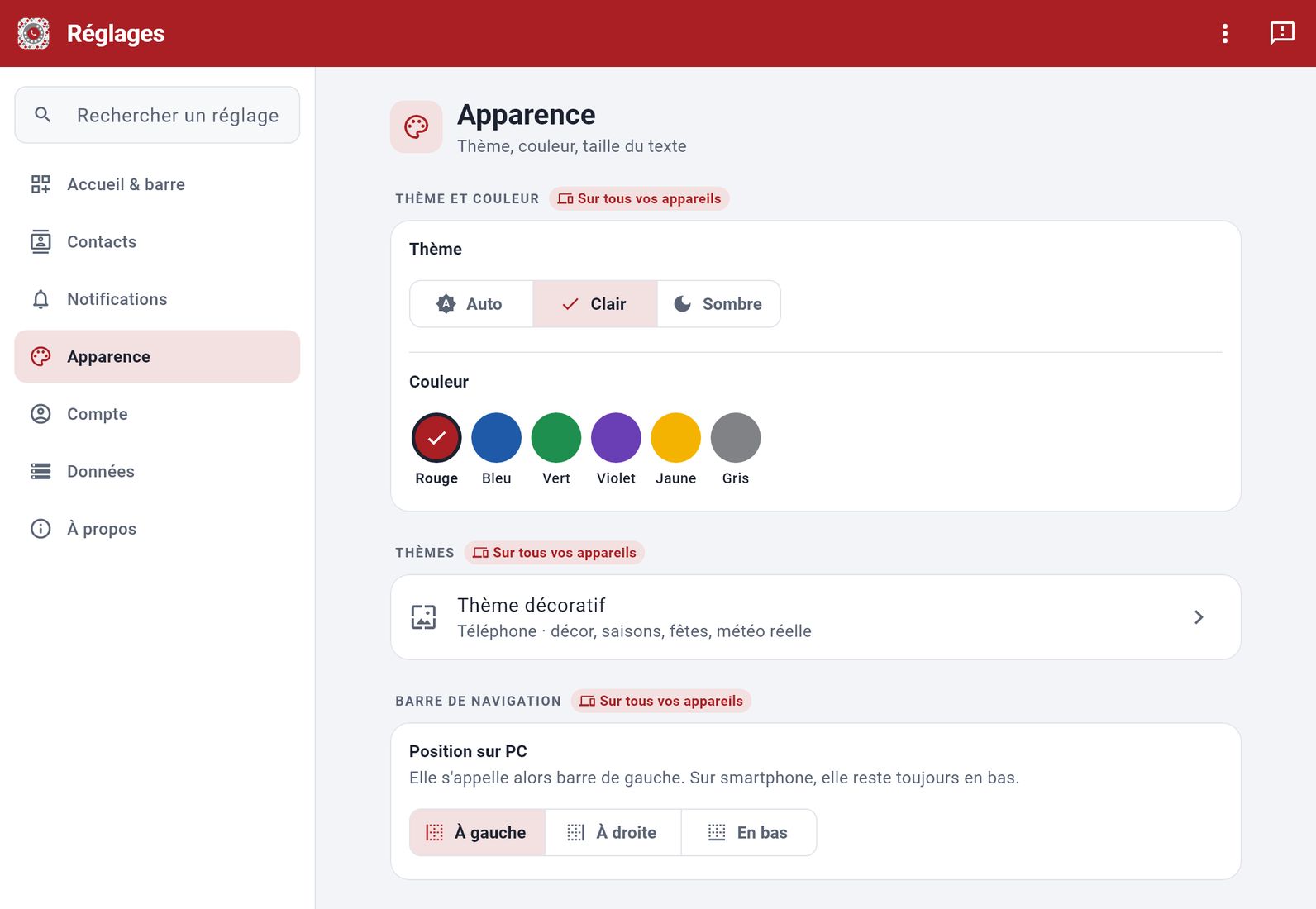 Des réglages rangés par onglet — capture de l’application