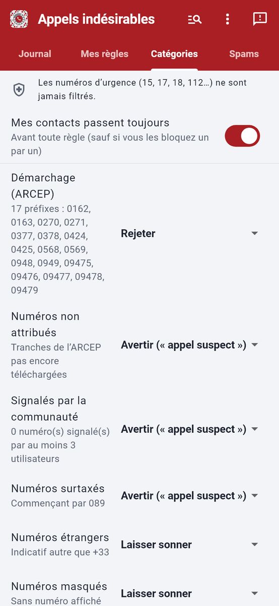 Vos règles, catégorie par catégorie — capture de l’application