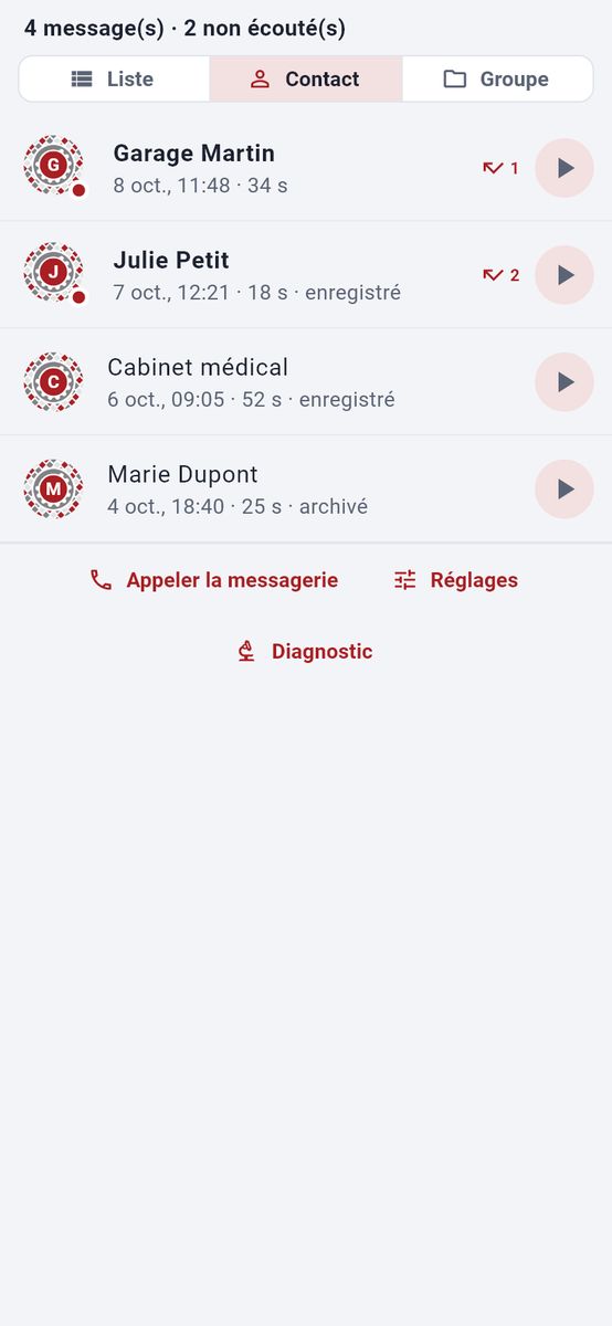La messagerie vocale en liste — capture de l’application