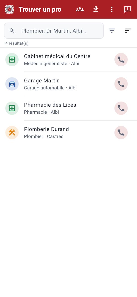Trouver un pro — capture de l’application