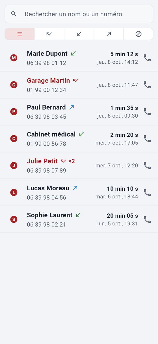 Vos appels récents — capture de l’application