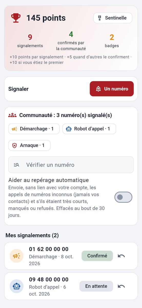 Les spams signalés par tous — capture de l’application