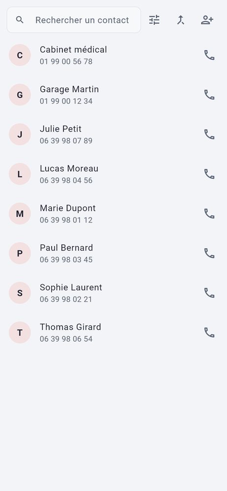 Contacts et favoris — capture de l’application