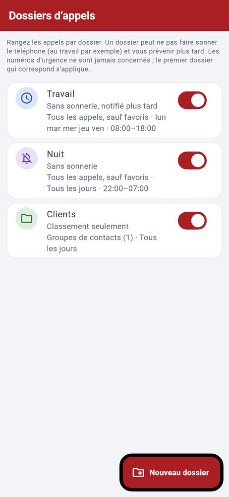 Dossiers d’appels — capture de l’application