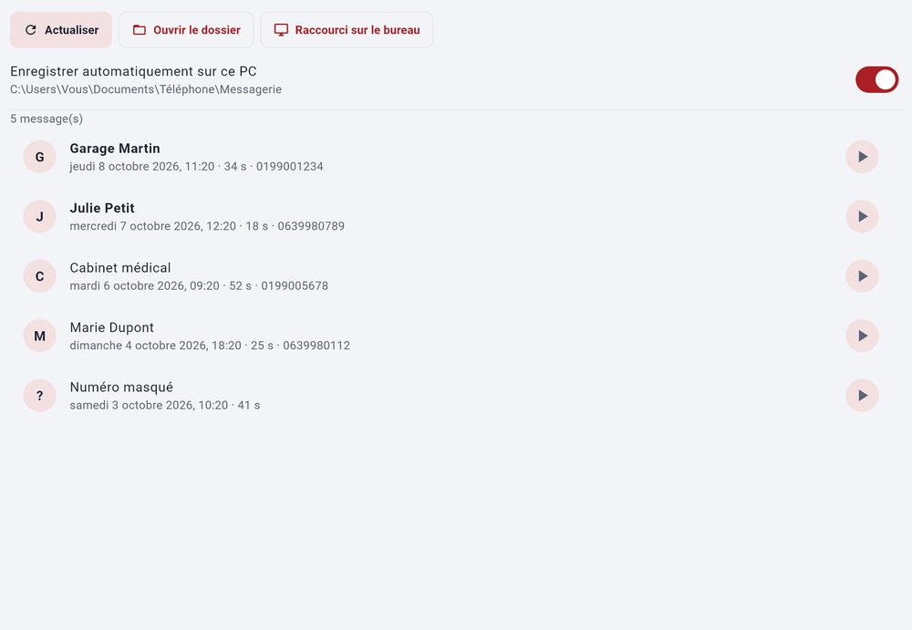 Messagerie vocale sur le PC — capture de l’application