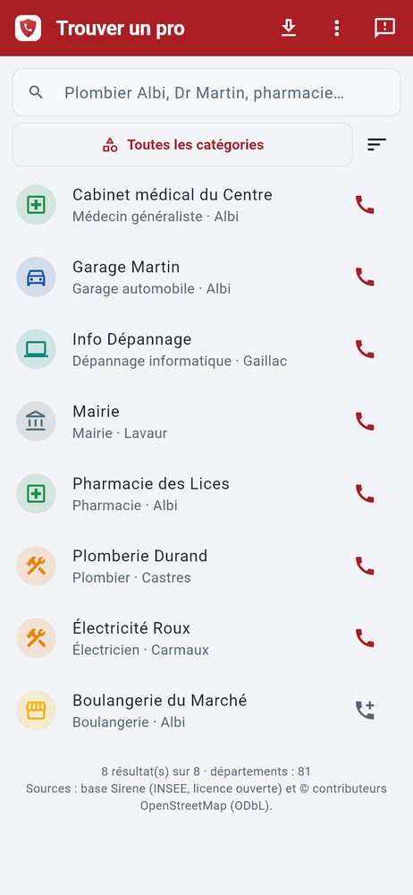 Trouver un pro — capture de l’application