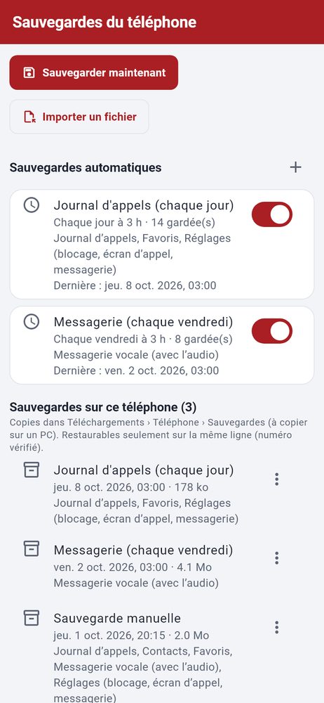 Sauvegardes — capture de l’application