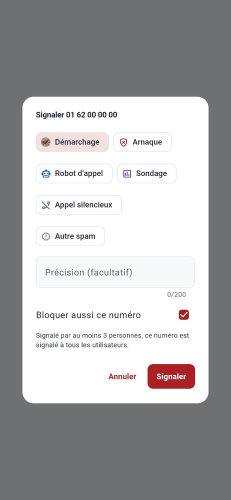 Spams signalés par la communauté — capture de l’application